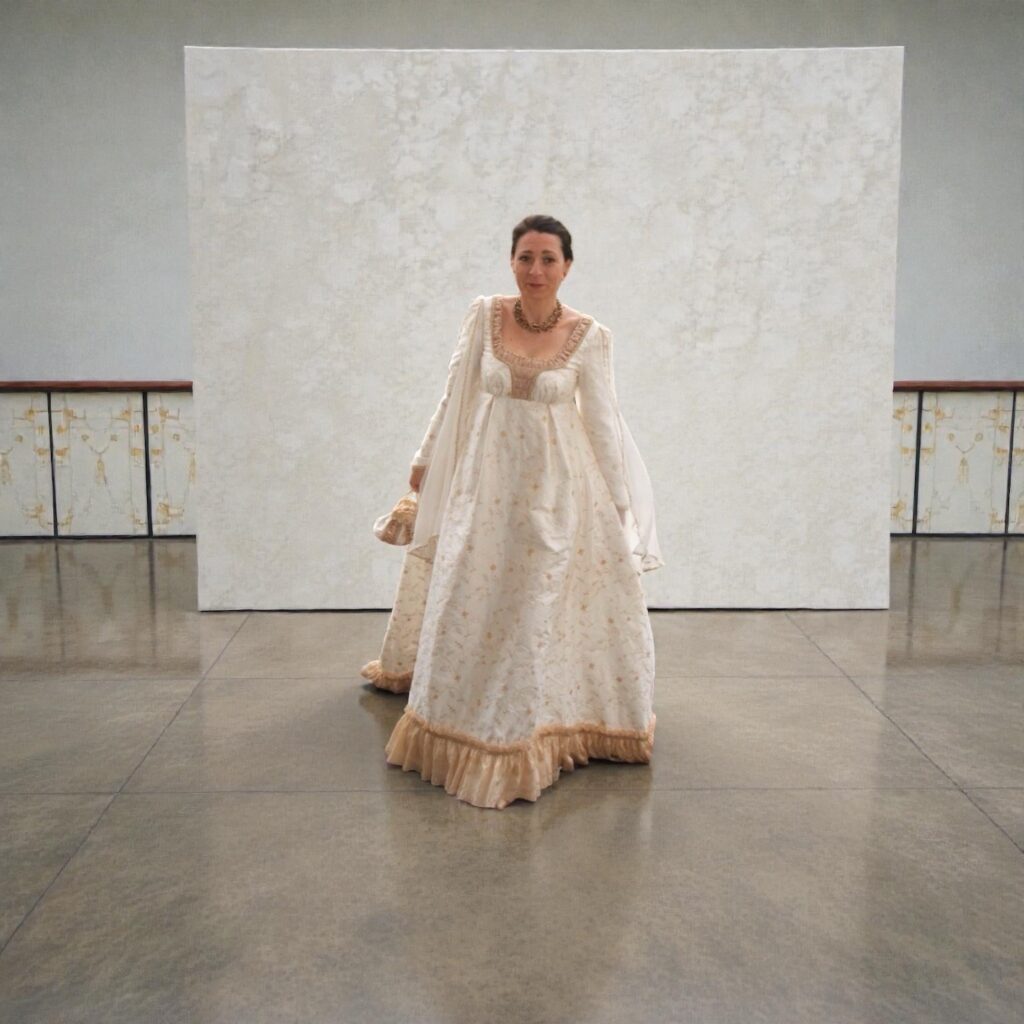 Robe longue de mariage en soie brodée, création sur mesure par Rassa Couture Shanfetes