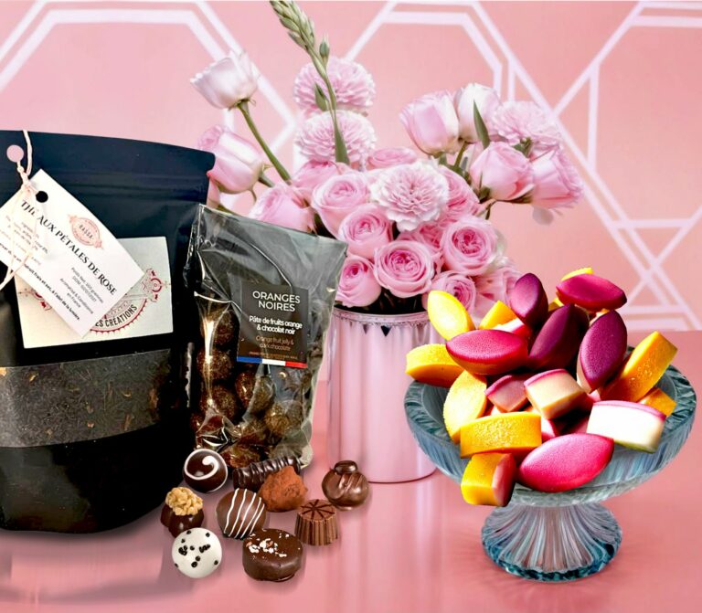 Coffret gourmand artisanal avec calissons, chocolats et thé pour cadeau personnalisé mariage