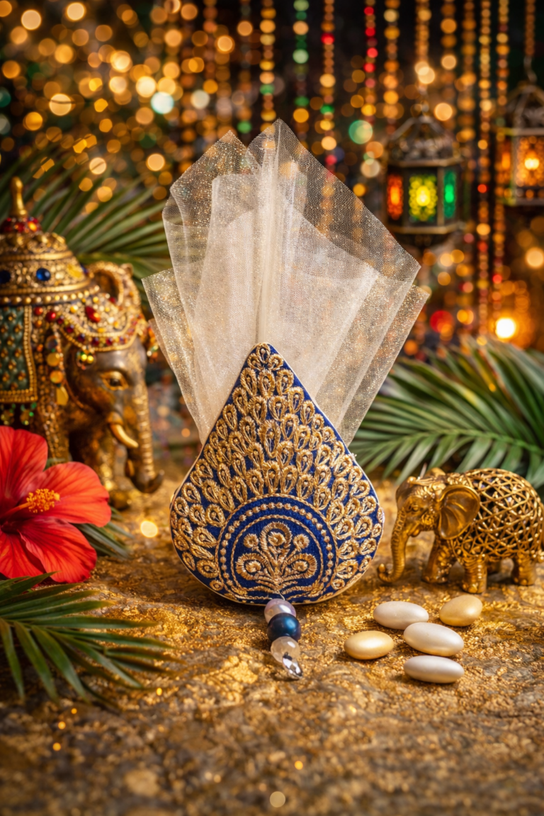 Ecrin tissu couleur royal blue brodé de fil argenté